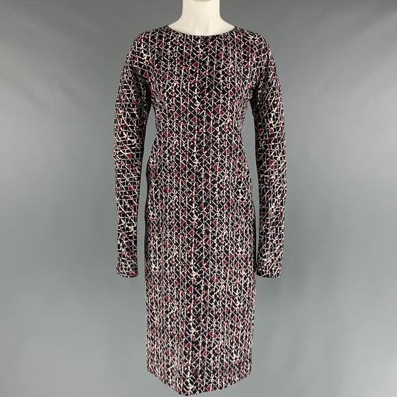 MARNI Size 2 Black Burgundy White Silk Abstract Long Sleeve Dress - Picture 1 of 1